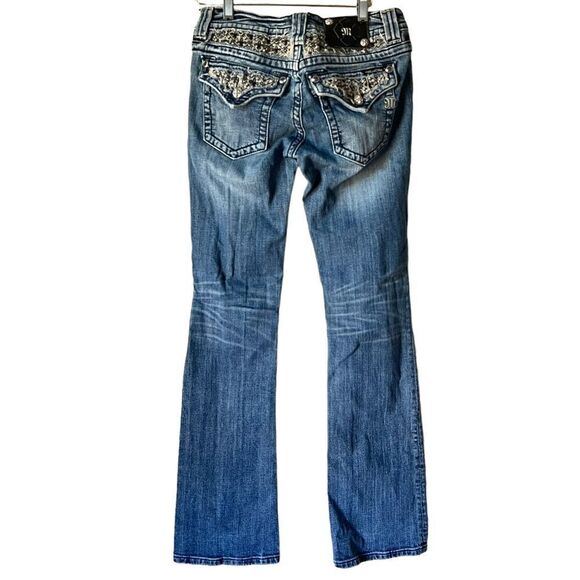 Miss Me JP6151B Boot Cut Low Rise Jeans Crystal Studded Flap Pockets medium wash - Picture 1 of 15